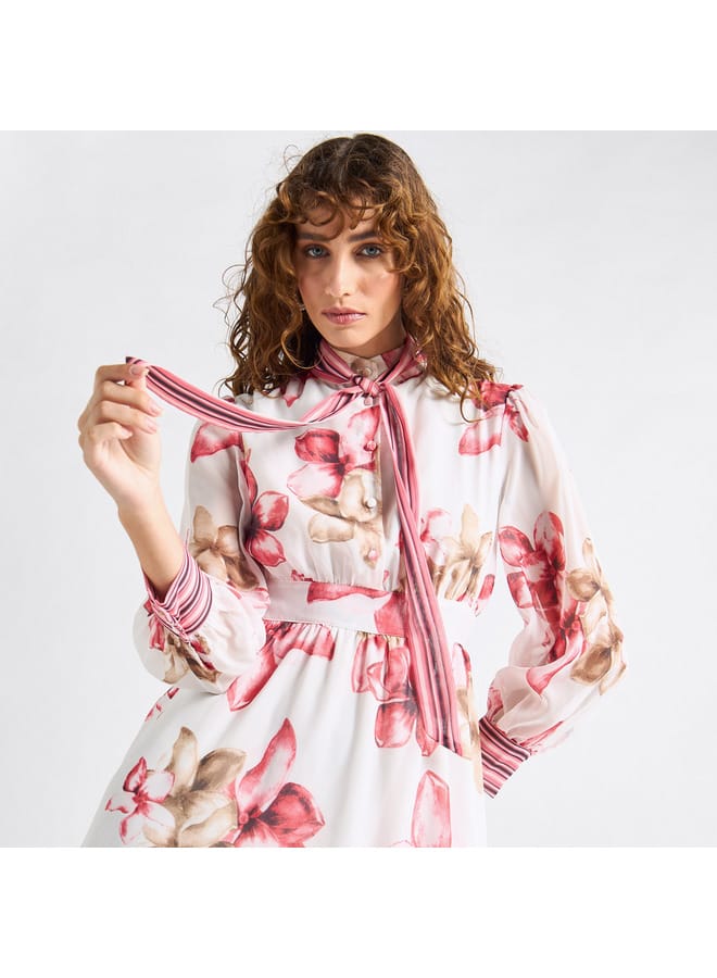 Splash FAV All-Over Floral Print Shirt Dress with Tie-Ups and Long Sleeves  - Image 4