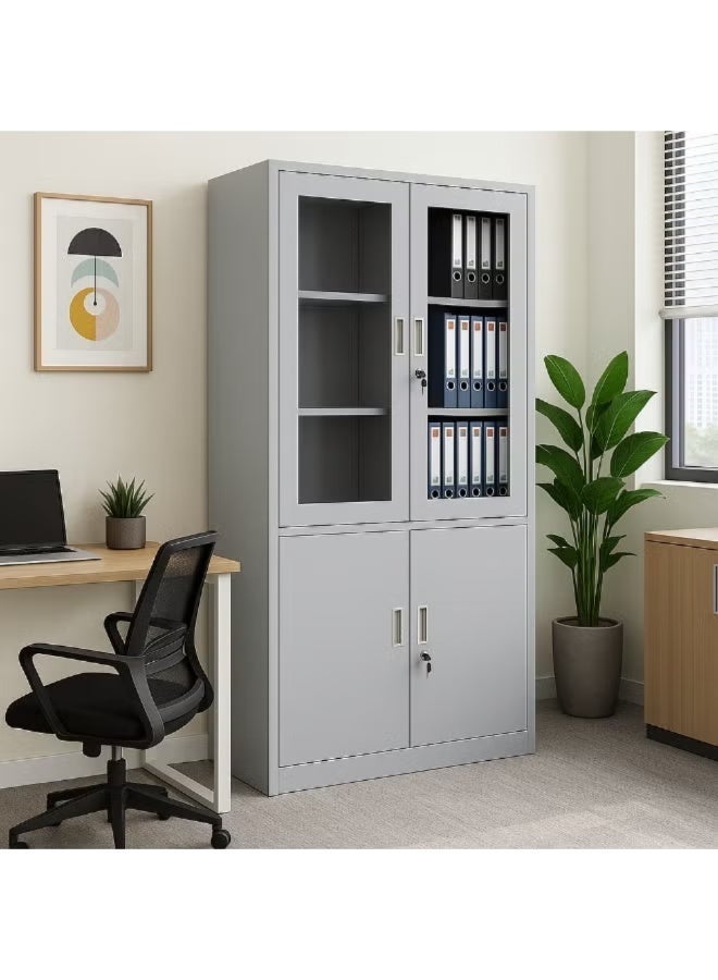 ABX HOME Steel Office Cabinet with Lock – 2 Door Wardrobe Cabinet for Clothes & Files – Grey Powder Coated Metal Storage Cabinet with Adjustable Shelves and Transparent mirror door Home Office or Workspace - Image 1