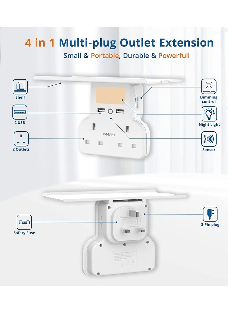 PEGANT - 2 Way Multi Plug Extension Power Adapter with 2 USB, Night Lamp and Shelf - Image 1