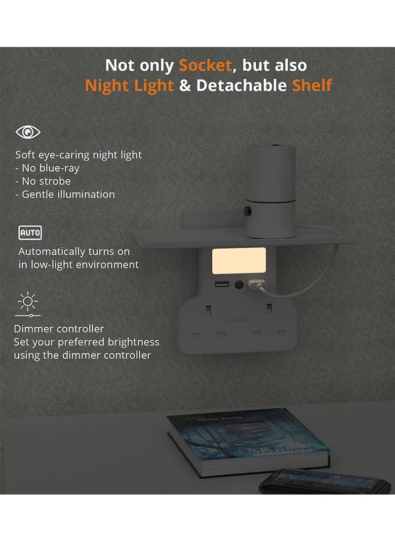 PEGANT - 2 Way Multi Plug Extension Power Adapter with 2 USB, Night Lamp and Shelf - Image 1