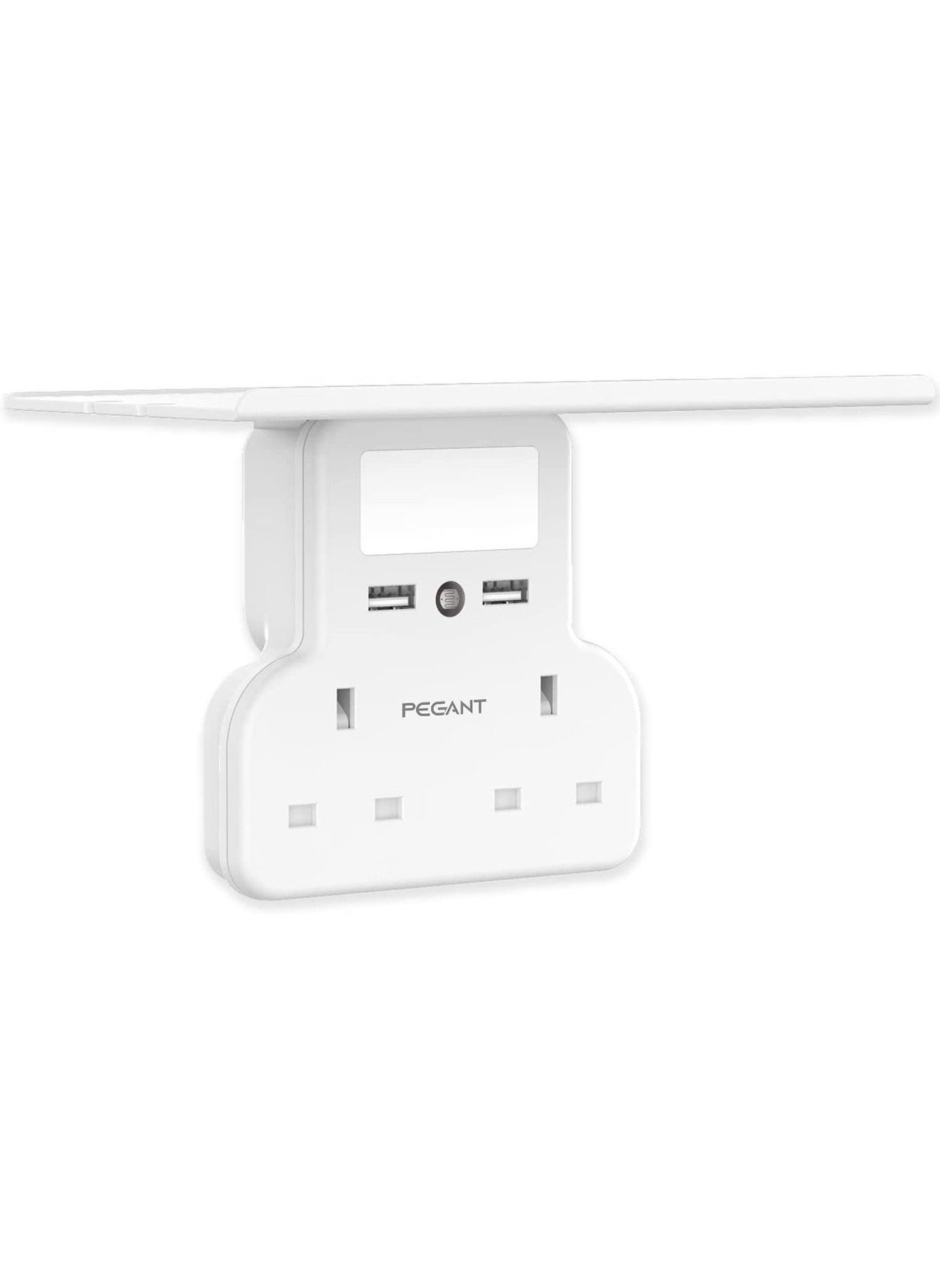 2 Way Multi Plug Extension Power Adapter with 2 USB, Night Lamp and Shelf 