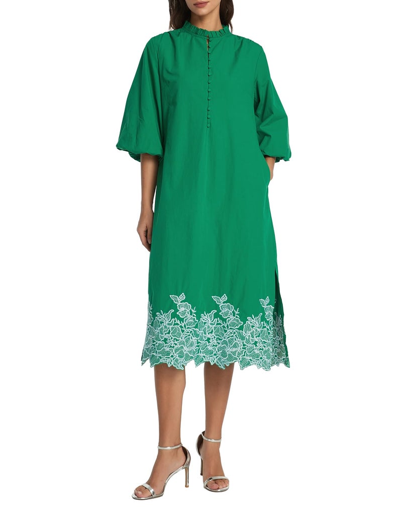 Kedera Womens Embroidered Cotton Midi Dress V Neck 3/4 Sleeve Summer Shirt Button Down Long Flowy Dresses with Pockets Green - Image 1