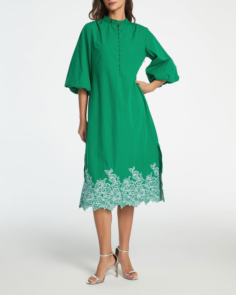 Kedera Womens Embroidered Cotton Midi Dress V Neck 3/4 Sleeve Summer Shirt Button Down Long Flowy Dresses with Pockets Green - Image 2