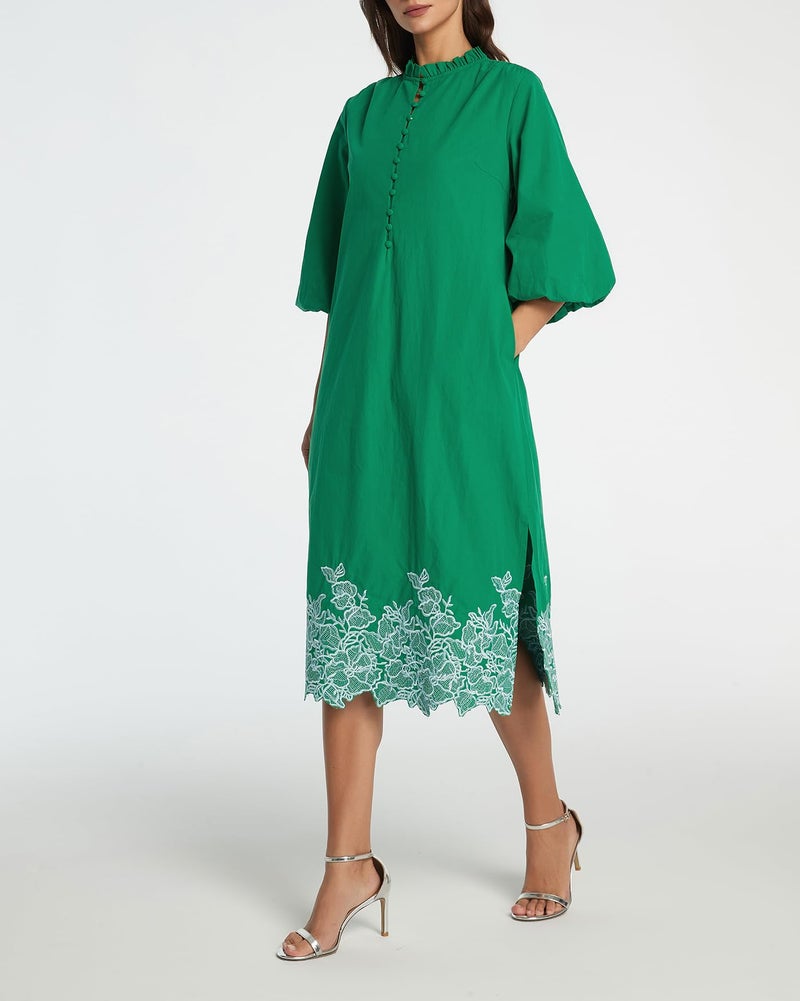 Kedera Womens Embroidered Cotton Midi Dress V Neck 3/4 Sleeve Summer Shirt Button Down Long Flowy Dresses with Pockets Green - Image 5