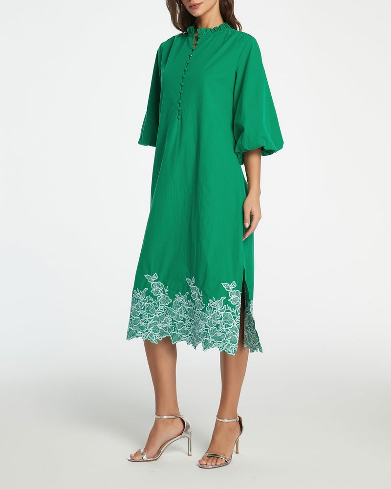 Kedera Womens Embroidered Cotton Midi Dress V Neck 3/4 Sleeve Summer Shirt Button Down Long Flowy Dresses with Pockets Green - Image 4