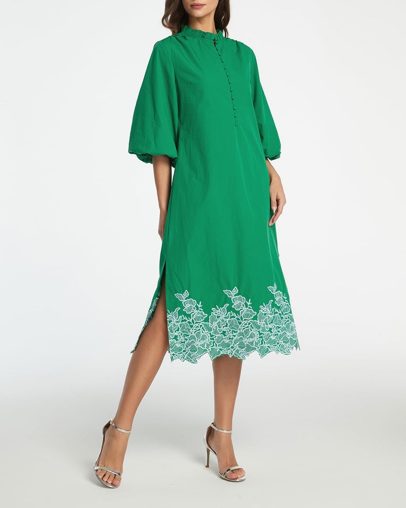 Kedera Womens Embroidered Cotton Midi Dress V Neck 3/4 Sleeve Summer Shirt Button Down Long Flowy Dresses with Pockets Green - Image 3