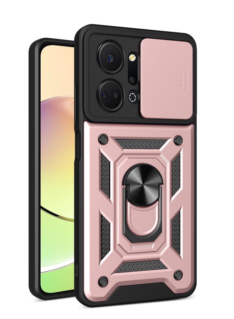 Shunjia Sliding Window Case, Shockproof Rugged Armor with Sliding Camera Cover & 360° Ring Kickstand, Compatible with Honor X7a (Rose Gold)