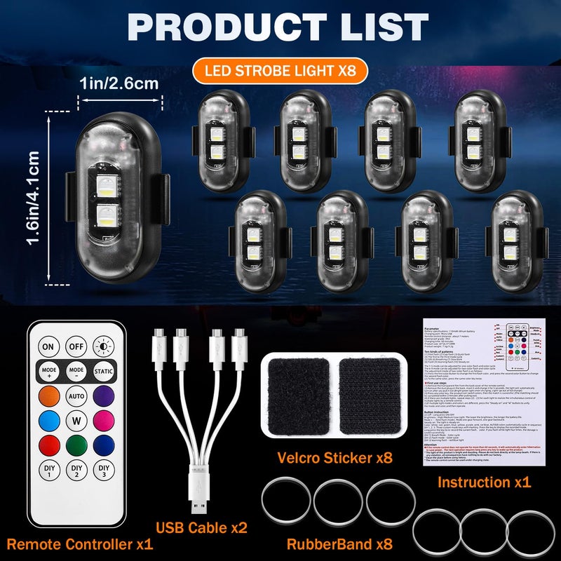 Suacopzar 8Pcs Wireless Led Strobe Lights  Halloween 8 Colors Wireless Strobe Lights With Remote Control  Ip65 Waterproof Rechargeable Anti-Collision Led Emergency Warning Light For Car Drone Aircraft - Image 3