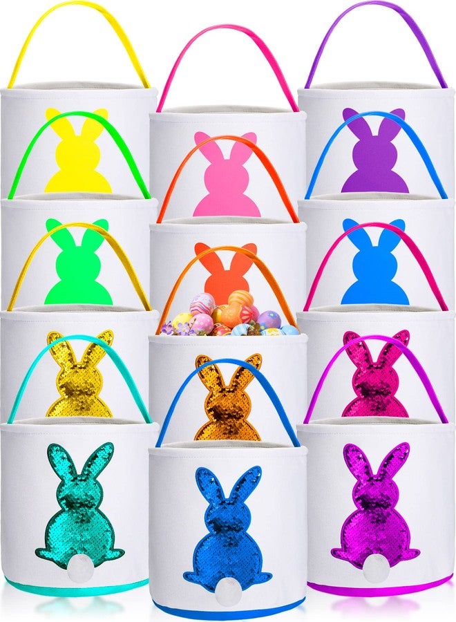 Jexine 12 Pcs Easter Bunny Basket Bags Bulk for Kids Gift Bucket Easter Eggs Hunt Basket with Handle Rabbit Fluffy Tails Bunny Tote Bag Bucket for Spring Party(Classic Color,Matte, Sequin) - Image 1
