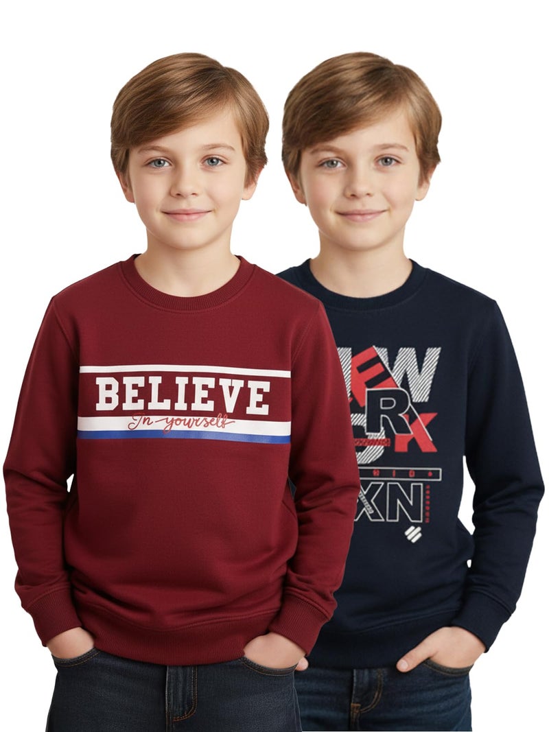 ONN Boys Printed Sweatshirt| Super Soft Cotton | Each Side Pocket|Modern Fit|Pack of 2 | Navy Blue and Crimson| (7-8 Years) - Image 1