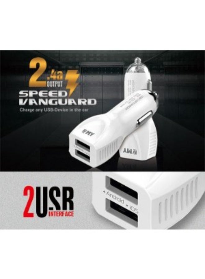 EMY Car Charger  2.4 A for for All Types of Mobiles with 2 Charging Port and Micro USB Data Cable (All Devices) White - Image 3