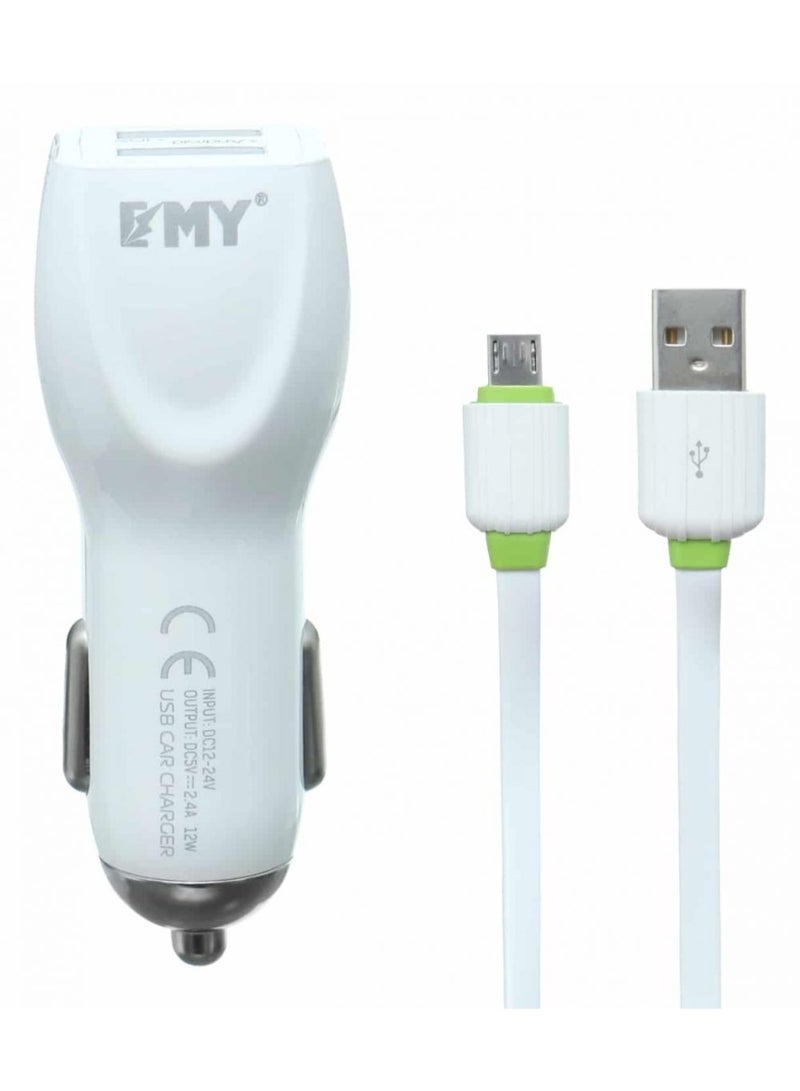EMY Car Charger  2.4 A for for All Types of Mobiles with 2 Charging Port and Micro USB Data Cable (All Devices) White - Image 2