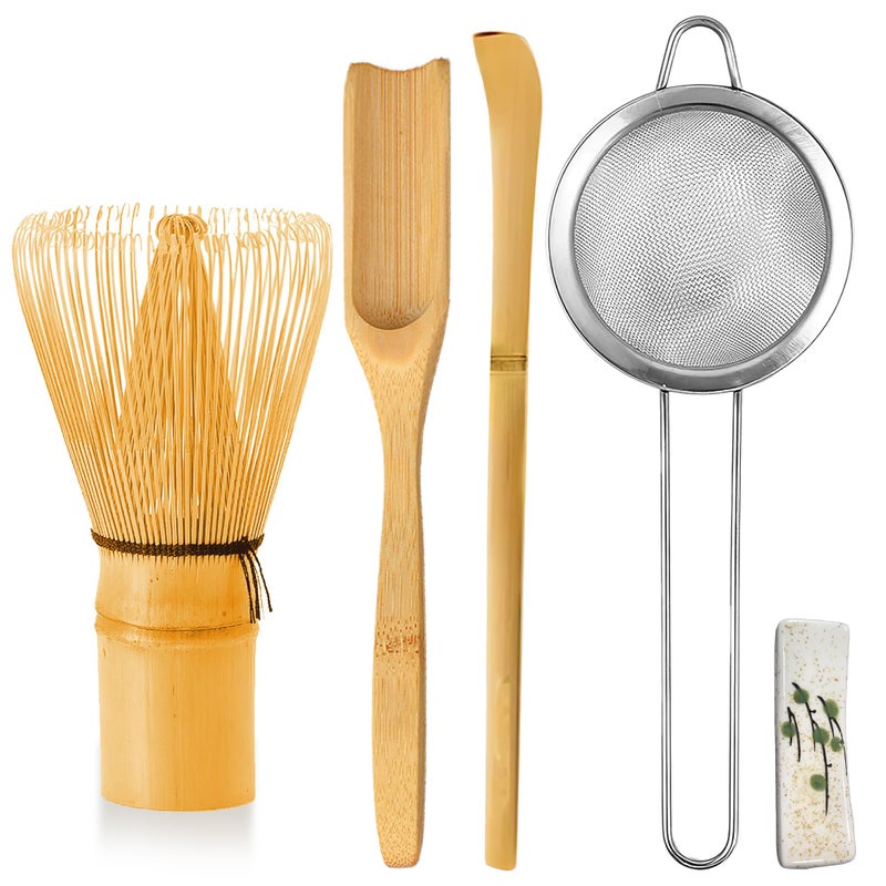 CAMATET Matcha Whisk Set 5 Pcs Matcha Making Tools Kit Japanese Ceremonial Matcha Tea Set Bamboo Matcha Whisk Matcha Scoop Tea Spoon Ceramic Spoon Holder Powder Starter Sifter