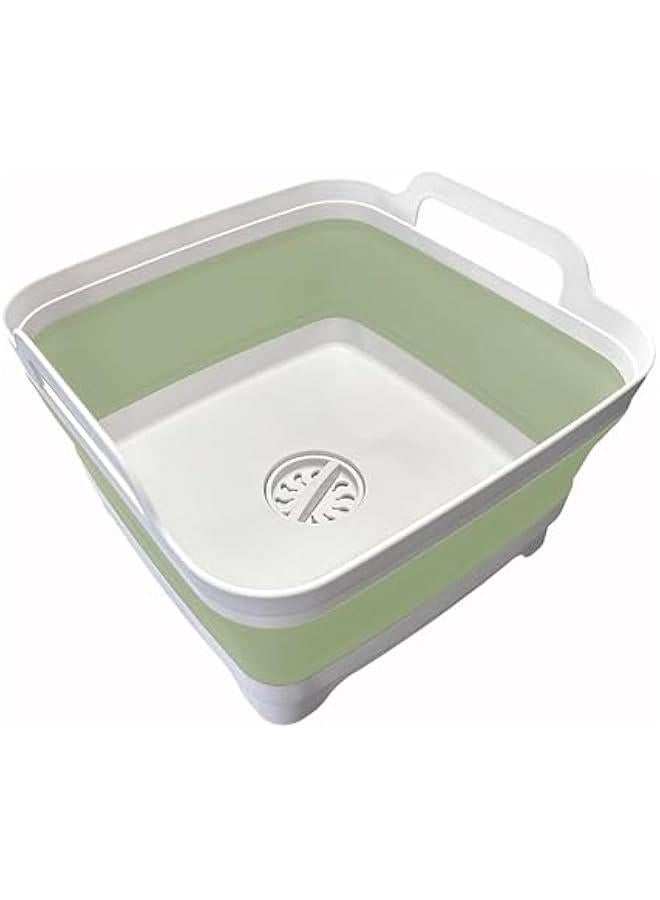 HOOKOR 9L (2.4Gallon) Dish Basin Collapsible with Drain Plug Carry Handles, Space Saveing Kitchen Storage Tray Dish Wash Basin, Portable Dish Tub for Camping (Green) - Image 1