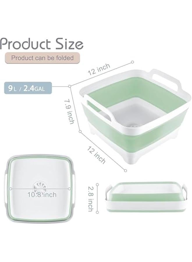 HOOKOR 9L (2.4Gallon) Dish Basin Collapsible with Drain Plug Carry Handles, Space Saveing Kitchen Storage Tray Dish Wash Basin, Portable Dish Tub for Camping (Green) - Image 2