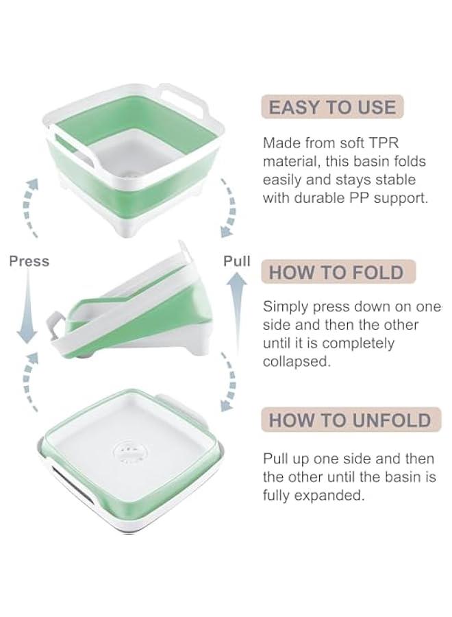 HOOKOR 9L (2.4Gallon) Dish Basin Collapsible with Drain Plug Carry Handles, Space Saveing Kitchen Storage Tray Dish Wash Basin, Portable Dish Tub for Camping (Green) - Image 4