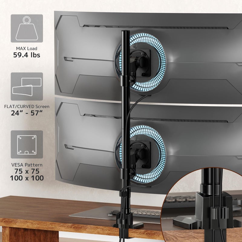 Putilsen Mount Dual Monitor-Arm Ultrawide Heavy Duty - 24-57 inch Vertical Dual Monitor Mount, Adjustable Stacked Double Monitor Desk Mount Stand, Max Load 59.4 lbs (per Screen), VESA 75 100 mm, Black - Image 4