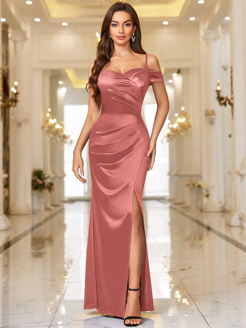 Miusol Women's Sexy Off Shoulder Satin High Split Ruched Style Evening Party Maxi Dress (Small, Cinnamon Pink) - Image 3