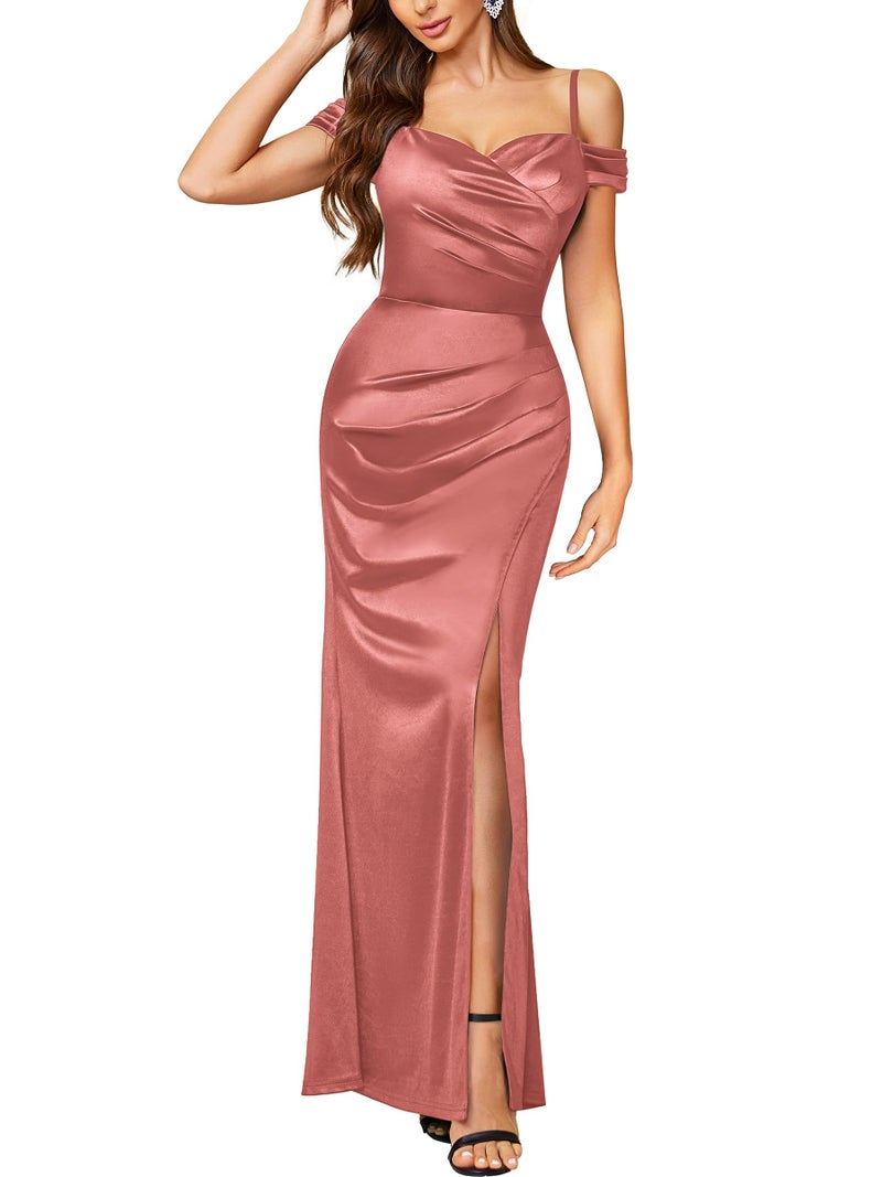 Miusol Women's Sexy Off Shoulder Satin High Split Ruched Style Evening Party Maxi Dress (Small, Cinnamon Pink) - Image 1