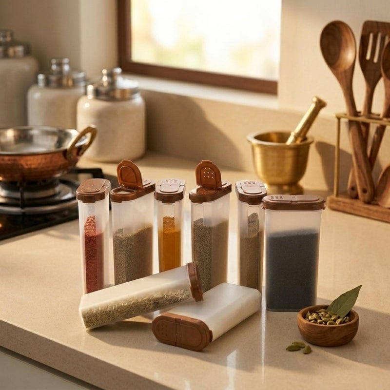 Mahaware Modular Spice Containers for Kitchen Storage Set of 8 (425ml Each) – Plastic Spices Container for Kitchen with Sprinkler Lids, Airtight Masala Box Set, Brown - Image 4