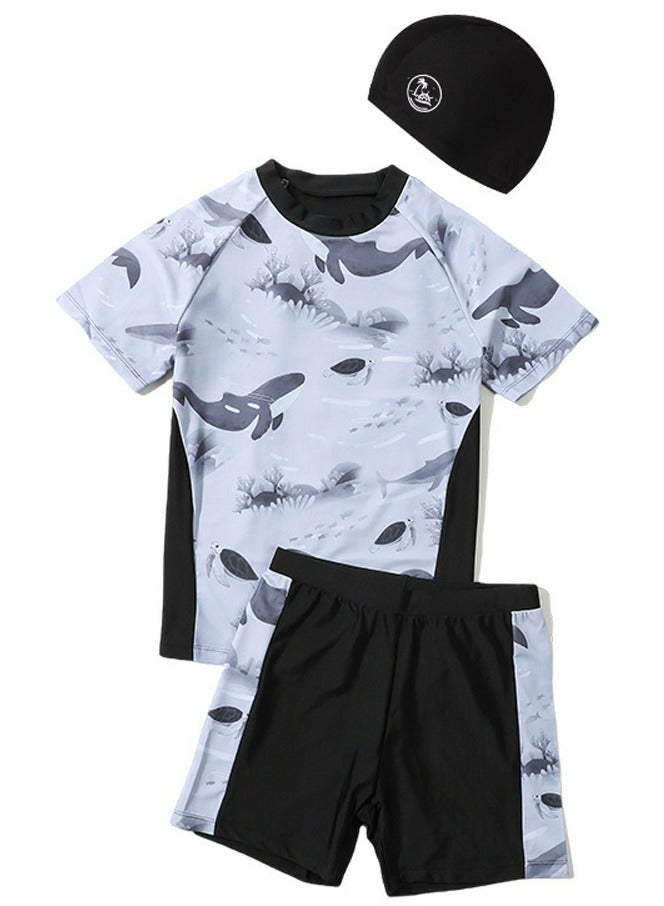 Boys Split Swimsuits Set Short Sleeve Swim Shirts With Trunks And Swim Cap Quick Dry Swim Set