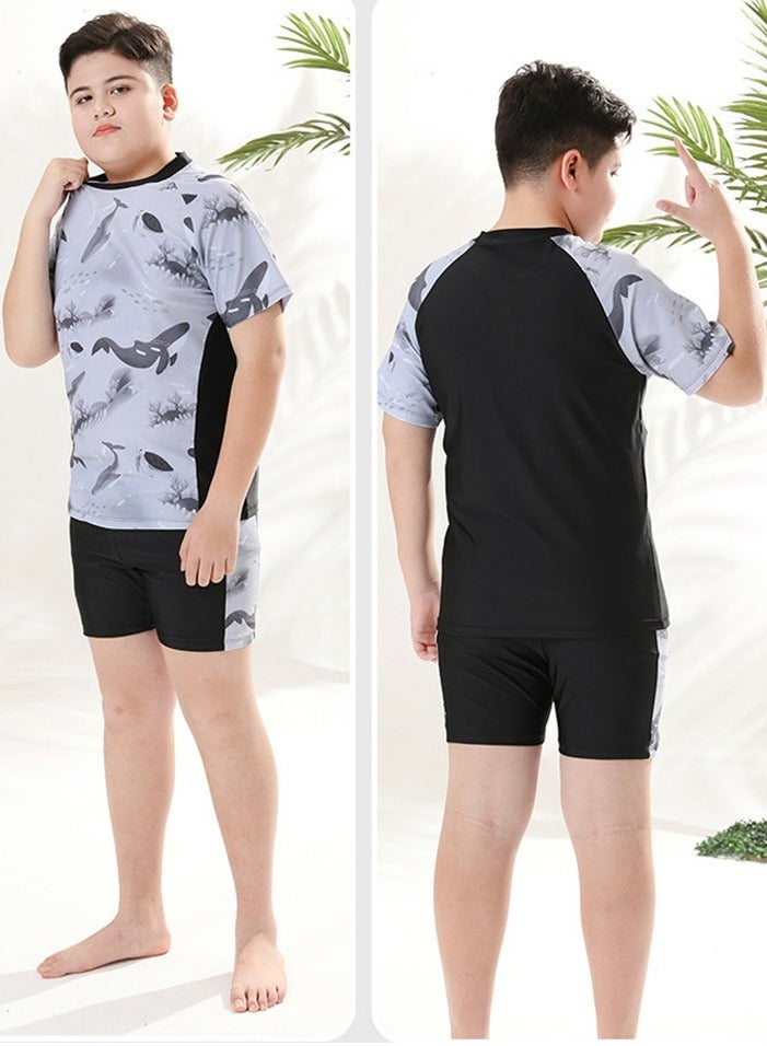 Boys Split Swimsuits Set Short Sleeve Swim Shirts With Trunks And Swim Cap Quick Dry Swim Set