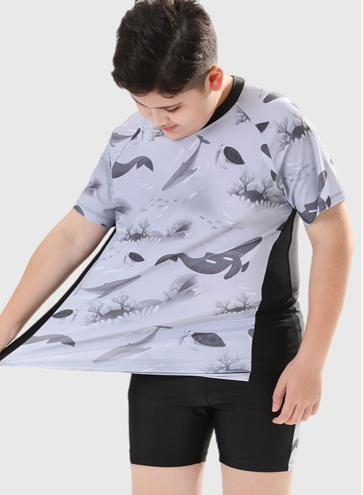 Boys Split Swimsuits Set Short Sleeve Swim Shirts With Trunks And Swim Cap Quick Dry Swim Set