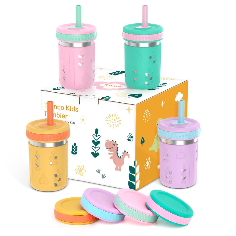Tronco 4 Pack 10 oz 2in1 Stainless Steel Kids Tumbler Cups with Silicone Sleeves SpillResistant Flexible Straws  Storage Lids BPAFree Smoothie and Snack Cups Dishwasher Safe