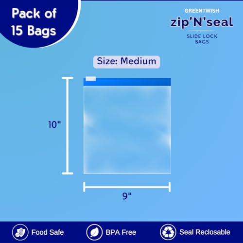 GREENTWISH Zip 'N' Seal Slider Zip Lock Bags, Food Vegetable Fridge Storage Bag, Freezer/Microwave Safe, BPA Free Reusable LDPE Transparent Zipper Bag | Size: 9 x 10 Inch (Medium) | Pack of 15 Bags - Image 2