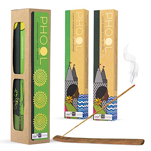 PHOOL LUXURY INCENSE باقة فاخرة من بخور فهول للعلاج بالروائح - أعواد بخور طبيعية (شجرة الشاي وعشب الليمون)، 80 عود بخور عضوي خالي من الفحم، عبوة من 2، مع حامل خشبي مجاني، للعبادة والعلاج بالروائح - Image 1
