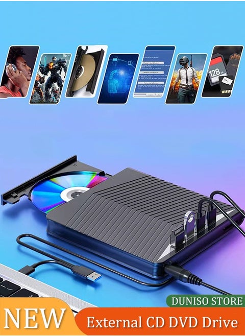 External DVD drive, USB portable CD player, burner, reader/writer, with Type C interface and USB interface, SD card expansion interface and power interface, suitable for laptops and desktop computers, can read videos, music, etc., black