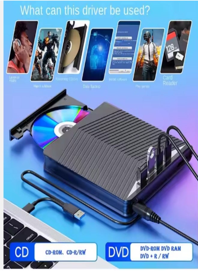DUNISO - External DVD drive, USB portable CD player, burner, reader/writer, with Type C interface and USB interface, SD card expansion interface and power interface, suitable for laptops and desktop computers, can read videos, music, etc., black - Image 1