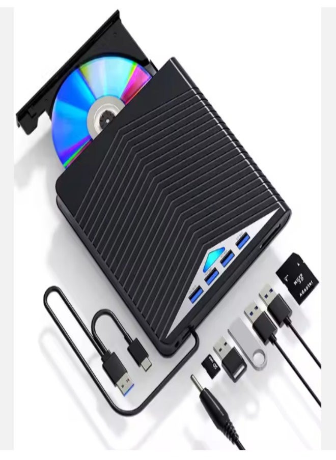 DUNISO - External DVD drive, USB portable CD player, burner, reader/writer, with Type C interface and USB interface, SD card expansion interface and power interface, suitable for laptops and desktop computers, can read videos, music, etc., black - Image 1