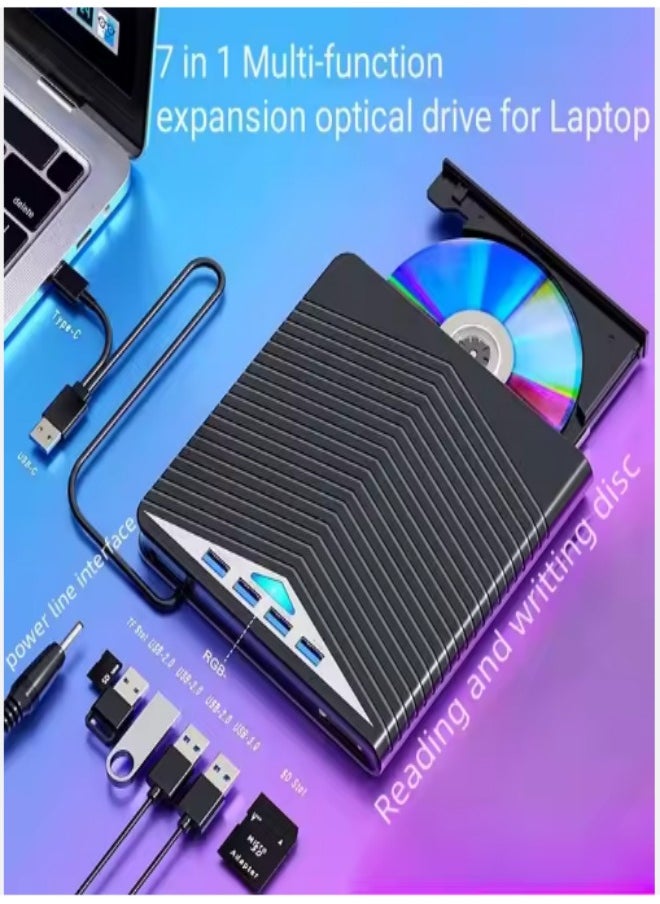 DUNISO - External DVD drive, USB portable CD player, burner, reader/writer, with Type C interface and USB interface, SD card expansion interface and power interface, suitable for laptops and desktop computers, can read videos, music, etc., black - Image 1