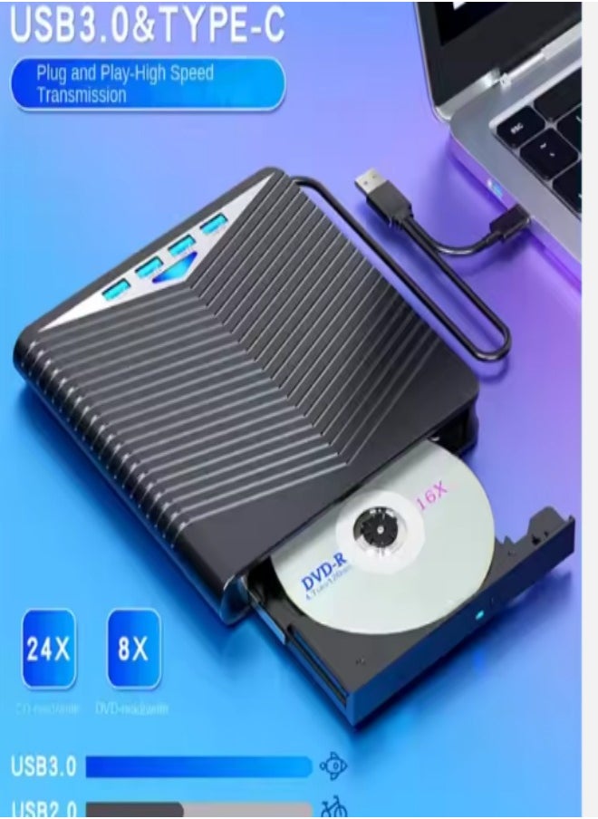 DUNISO - External DVD drive, USB portable CD player, burner, reader/writer, with Type C interface and USB interface, SD card expansion interface and power interface, suitable for laptops and desktop computers, can read videos, music, etc., black - Image 1