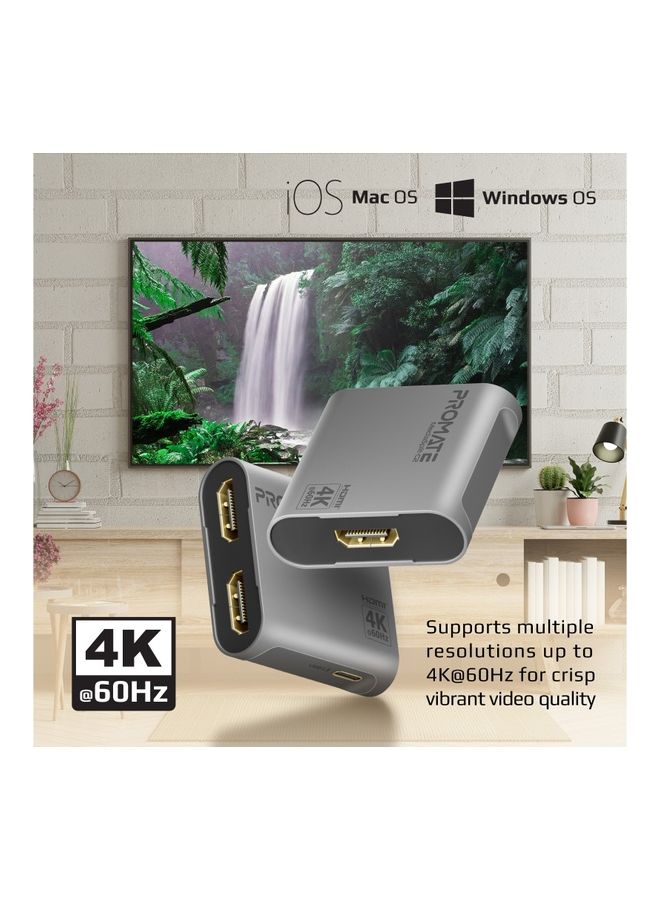 PROMATE HDMI Adapter, Premium Ultra-High-Definition Video Converter HDMI Splitter with Dual 4K @60Hz HDMI Ports and Ultra-Compact Design, MediaSplit-C2 Silver - Image 3