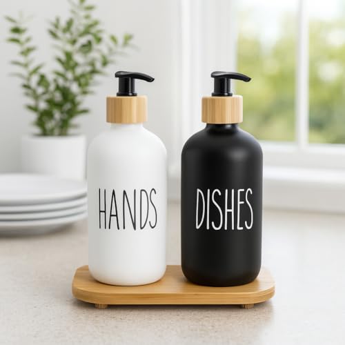 Whizzo Glass Soap Dispenser Set with Bamboo Tray | Refillable Pump Bottles (Black + White, 16oz) for Hand & Dish Soap | Modern Farmhouse Kitchen & Bathroom Dispenser Set (031, Plain) - Image 2