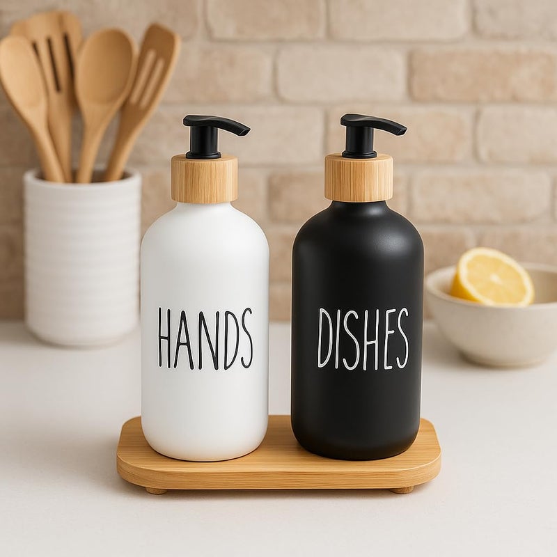 Whizzo Glass Soap Dispenser Set with Bamboo Tray | Refillable Pump Bottles (Black + White, 16oz) for Hand & Dish Soap | Modern Farmhouse Kitchen & Bathroom Dispenser Set (031, Plain) - Image 5