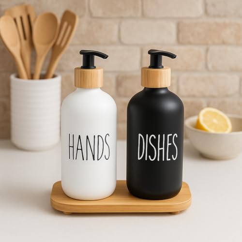 Whizzo Glass Soap Dispenser Set with Bamboo Tray | Refillable Pump Bottles (Black + White, 16oz) for Hand & Dish Soap | Modern Farmhouse Kitchen & Bathroom Dispenser Set (031, Plain) - Image 1