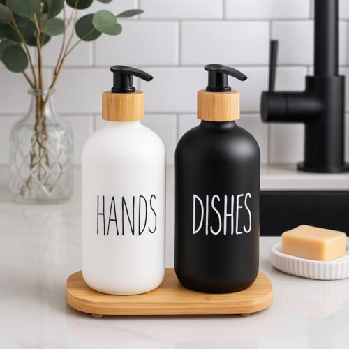 Whizzo Glass Soap Dispenser Set with Bamboo Tray | Refillable Pump Bottles (Black + White, 16oz) for Hand & Dish Soap | Modern Farmhouse Kitchen & Bathroom Dispenser Set (031, Plain) - Image 3