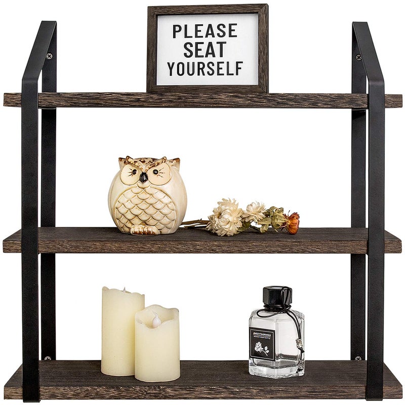 Mkono Floating Wall Shelves 3 Tier 17 Inch Rustic Hanging Shelf with Metal Bracket Wall Mount Wood Storage Display Shelves for Living Room Bathroom Bedroom Kitchen OfficeMedium