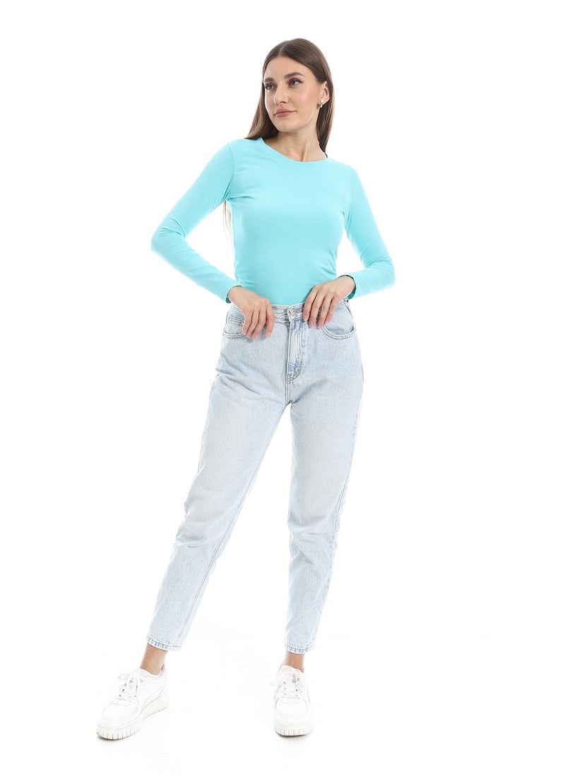 Andora - Round Neck Slip On Cyan Basic Top_Cyan - Image 1
