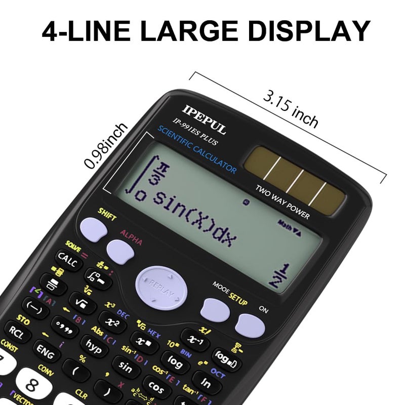iPepul Scientific Calculators, IPepul Math Calculator with 417 Function, Solar Battery Power and 4-Lines Display, School Supplies for Middle High College Students Teachers (Black 991ES) - Image 2