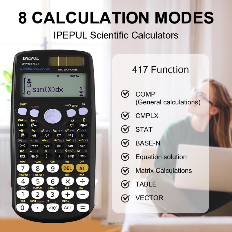 iPepul Scientific Calculators, IPepul Math Calculator with 417 Function, Solar Battery Power and 4-Lines Display, School Supplies for Middle High College Students Teachers (Black 991ES) - Image 5