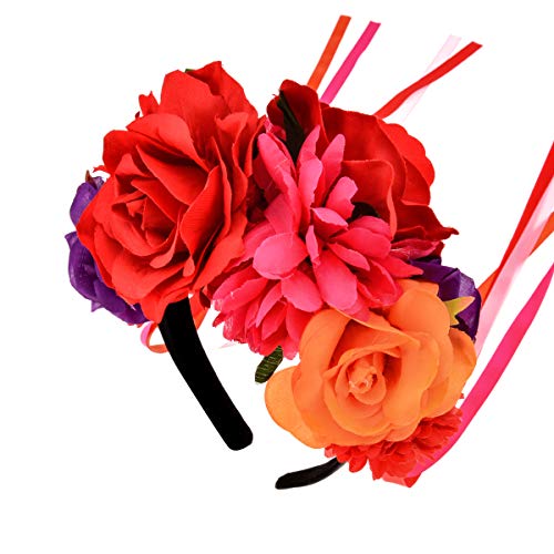 Floral Fall Women Day of the Dead Flower Crown Festival Headband Rose Mexican Floral Headpiece HC-23 (Red Purple) - Image 3