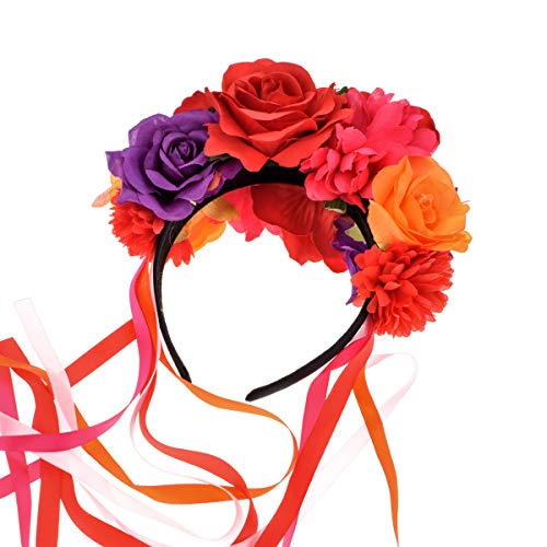 Floral Fall Women Day of the Dead Flower Crown Festival Headband Rose Mexican Floral Headpiece HC-23 (Red Purple) - Image 4