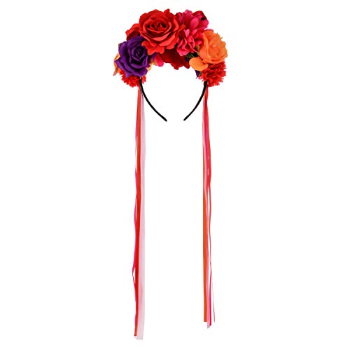 Floral Fall Women Day of the Dead Flower Crown Festival Headband Rose Mexican Floral Headpiece HC-23 (Red Purple) - Image 2