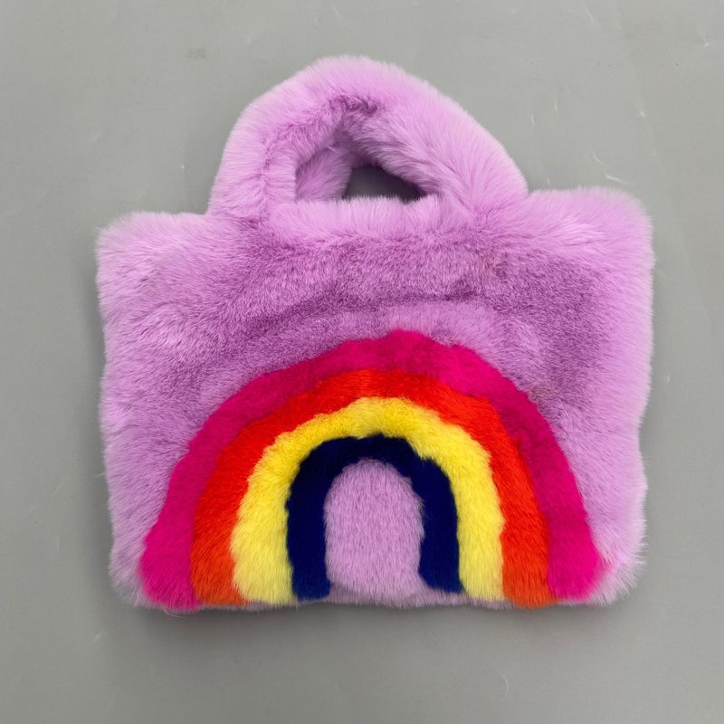 Faux Fur Rainbow Plush Tote Bag for Women lavender purple