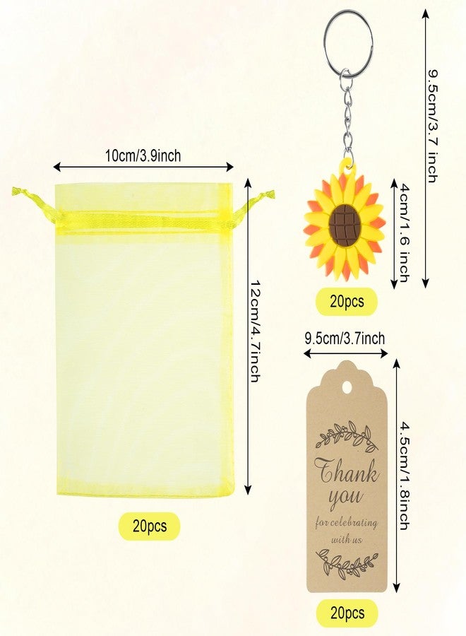 SUMERSHA 20 Sets 60Pcs Sunflower Party Favors, Sunflower Keychains, Yellow Organza Bags and Thank You Kraft Tags - Sunflower Ornament Keychains Set for Summer Theme Party Wedding Birthday Baby Shower Party - Image 2