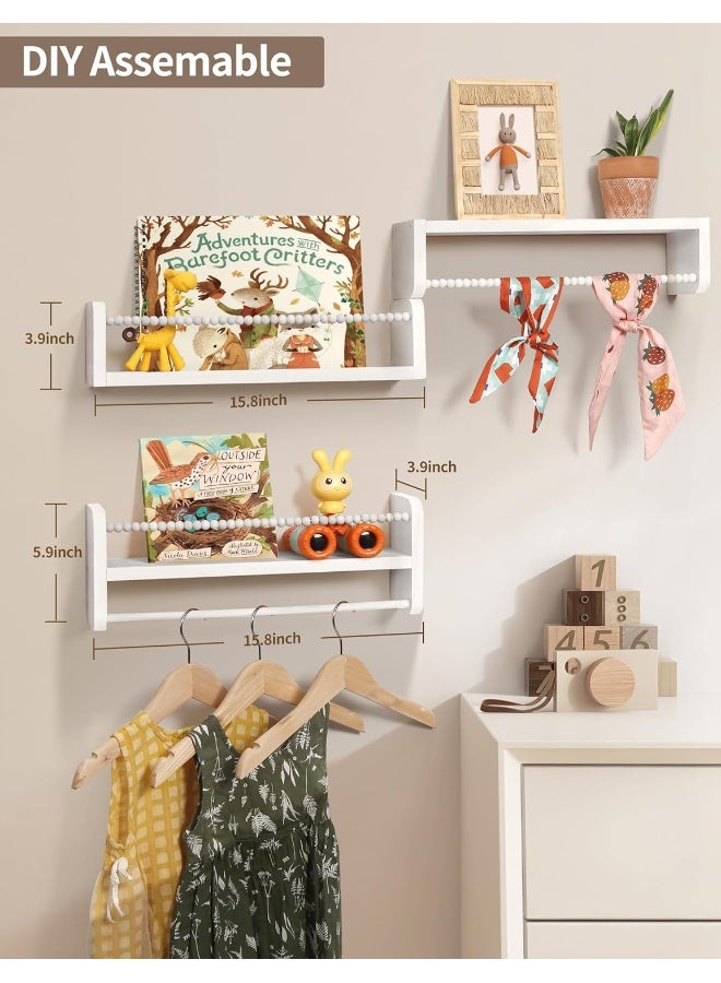 Nursery Bookshelves, White Nursery Shelves Storage Books Toys Wall Mount Kids Bookshelf Nursery Decor with Towel Bar Floating Book Shelves for Kids Room Set of 3  - Image 2
